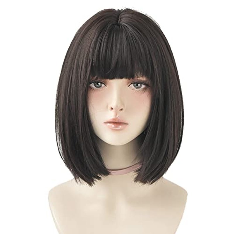 URCGTSA Black Short Bob Wig Straight Black Bob Wig with Bangs Synthetic Straight Bob Wig for Women Natural Looking for Daily Use (Black Tea)
