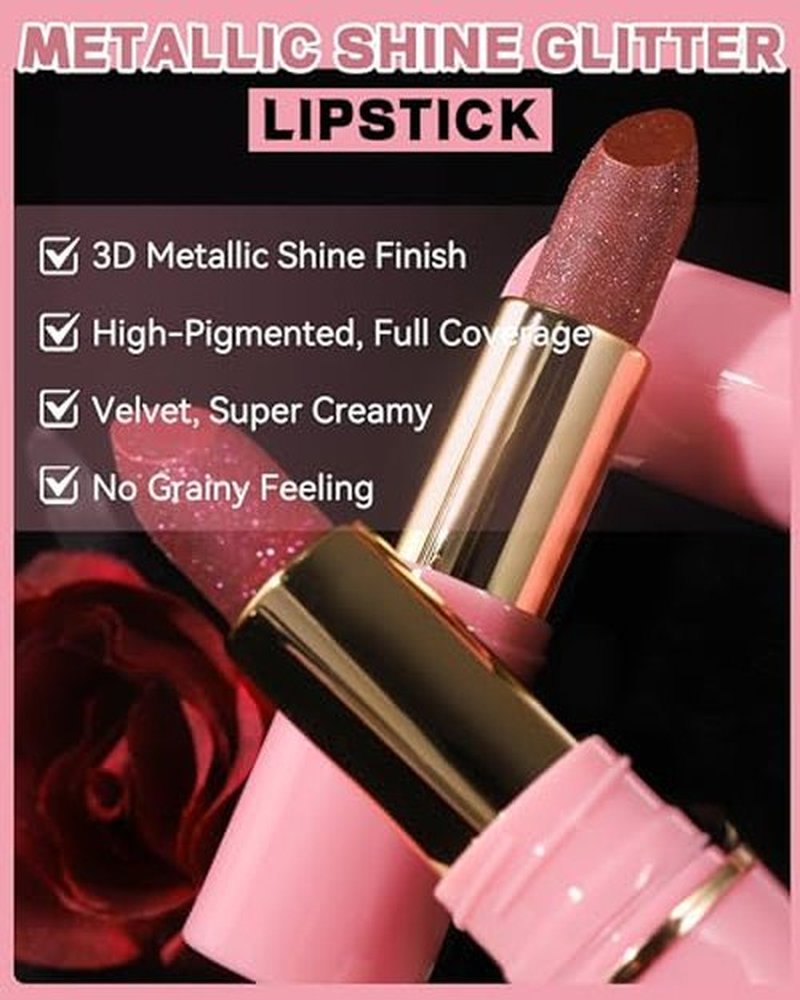 Glitter Metallic Purple Nude Shimmer Lipstick Long Lasting, High Shine Glitter Diamond Creamy Red Lipstick Transfer Proof Non-Stick Lip Gloss Shimmer High Impact Full Coverage Lip Makeup for Women-07
