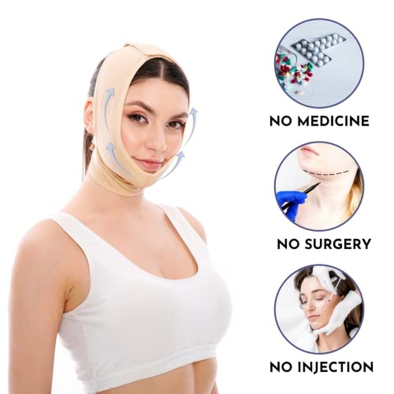 Post Surgery Facial Compression Neck Coverage Chin Strap, V-Shaped Face Slimmer, Jowl Tightening Chin Lifting Double Chin Reducer Band (S/M, Beige)