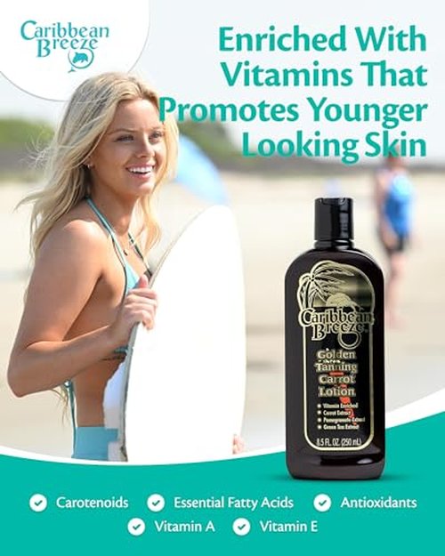 Caribbean Breeze Golden Carrot Sun Tanning Accelerator Lotion, Natural Tanning Lotion with Pomegranate Aloe Extracts, Rich in Oxidants, Moisturizes the Skin, and Anti-Aging Properties, 8.5 oz (250 ml)
