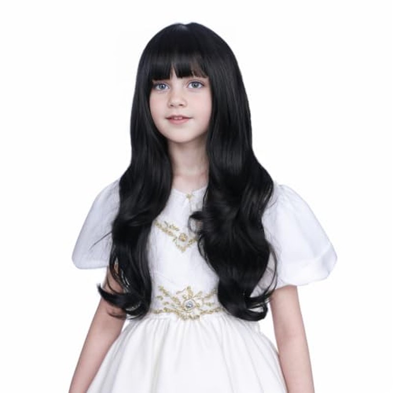 Ufindcos Black Wig with Bangs for Kids Long Wavy Curly Black Hair Wigs for Child Curly Black Wig for Girls Synthetic Wig with Wig Cap