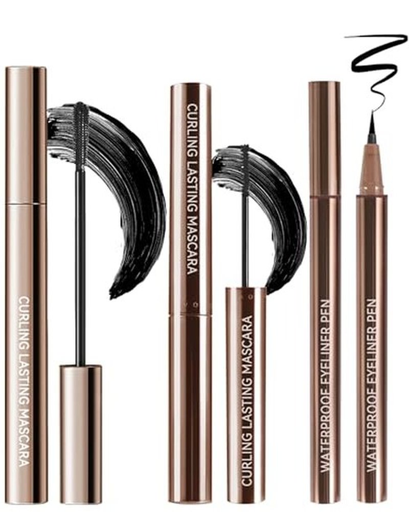 Black Mascara & Eyeliner Pen Kit-2Pcs Longlasting Waterproof Black Tubing Mascara 1Pcs Smudge-Proof Eye Liner Pencil,Volume and Length Curling Mascara Liquid Eyeliner Eye Makeup for Older Women-Set 01