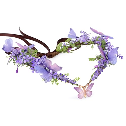 MOSTORY Purple Fairy Butterfly Crown - Handmade Flower Headpiece Floral Elf Tiara Woodland Circlet for Women Girls Spring Wedding Renaissance Party Cosplay