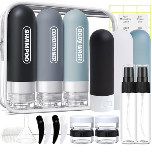 YNSHOUNA 20 Pack Travel Bottles Set, TSA Approved Travel Size Toiletries Containers, Leak Proof Travel Shampoo and Conditioner Bottles, Refillable Travel Essentials Toiletry Bottles (Dark Color)