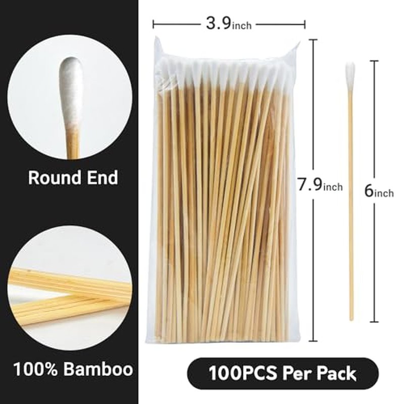 200 Count Long Cotton Swabs, 6" Sturdy Cotton Swabs with Wooden Sticks