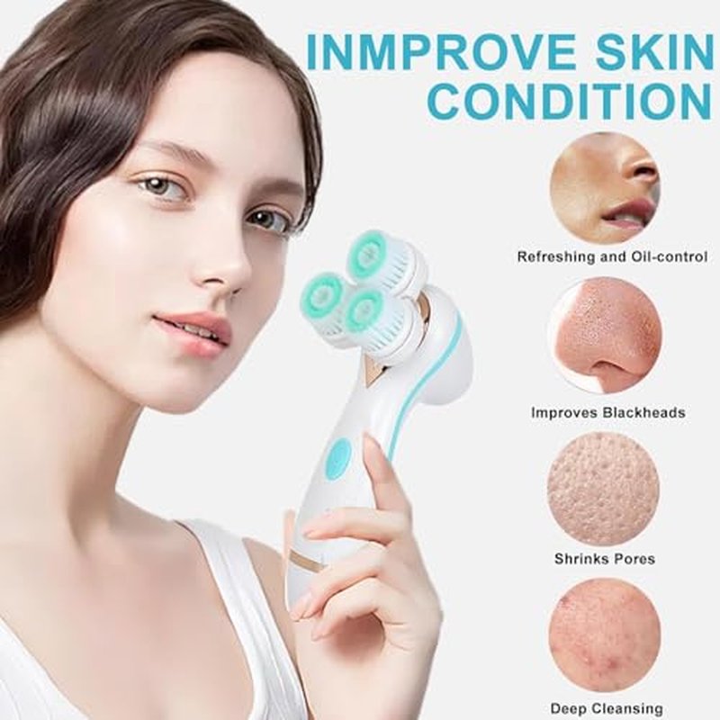 Facial Cleansing Brush, 3 in 1 Face Scrubber Rechargable Waterproof Electric Spin Cleanser with 3 Brush Heads, Electric Face Wash Brush for Exfoliating, Deep Cleansing and Massaging (Blue)