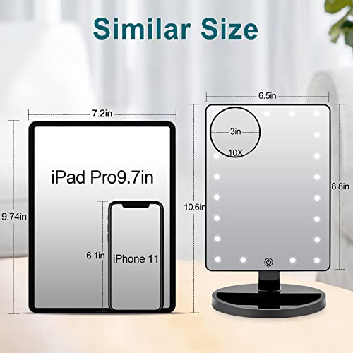COSMIRROR Lighted Makeup Vanity Mirror with 10X Magnifying Mirror, 21 LED Lighted Mirror with Touch Sensor Dimming, 180°Adjustable Rotation, Dual Power Supply, Portable Cosmetic Mirror (Black)