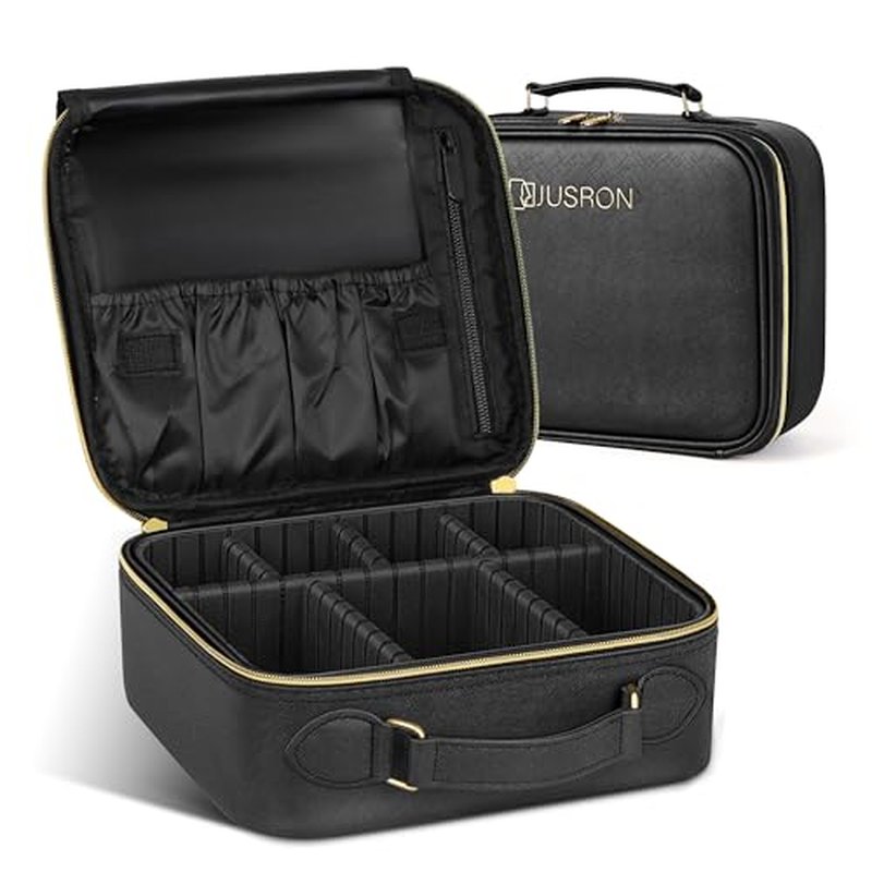 JUSRON Portable Makeup Bag with Adjustable Dividers, Makeup Brush Holder Storage (Black No Mirror, Small)