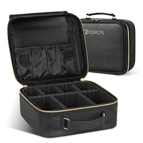 JUSRON Portable Makeup Bag with Adjustable Dividers, Makeup Brush Holder Storage (Black No Mirror, Small)