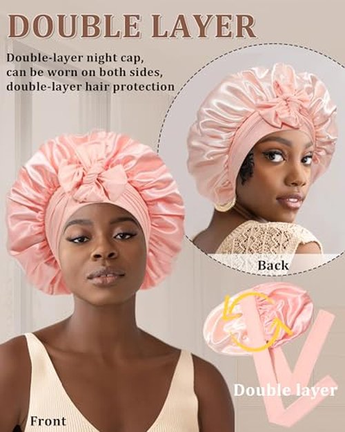 Reversible Satin Bonnet for Sleeping Women Silk Bonnet Double Layer Hair Bonnet with 2PCS Hair Scrunchies Elastic Tie Band Night Cap Hair Wrap for Natural Curly Hair (Apricot Powder+Champagne)