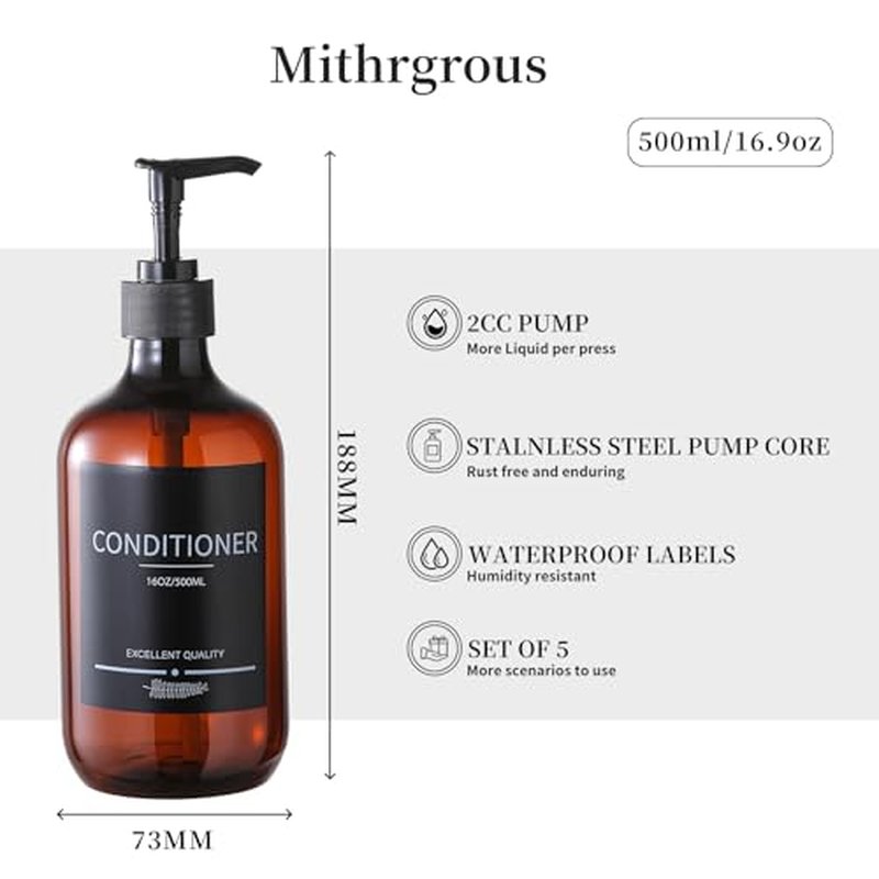 Mithrgrous 5Pack Amber Shower Bottles Refillable with Labels,16.9oz(500ml) Reusable Shampoo and Conditioner Bottles,Shampoo Dispenser Bottles,Shampoo and Conditioner Bottles