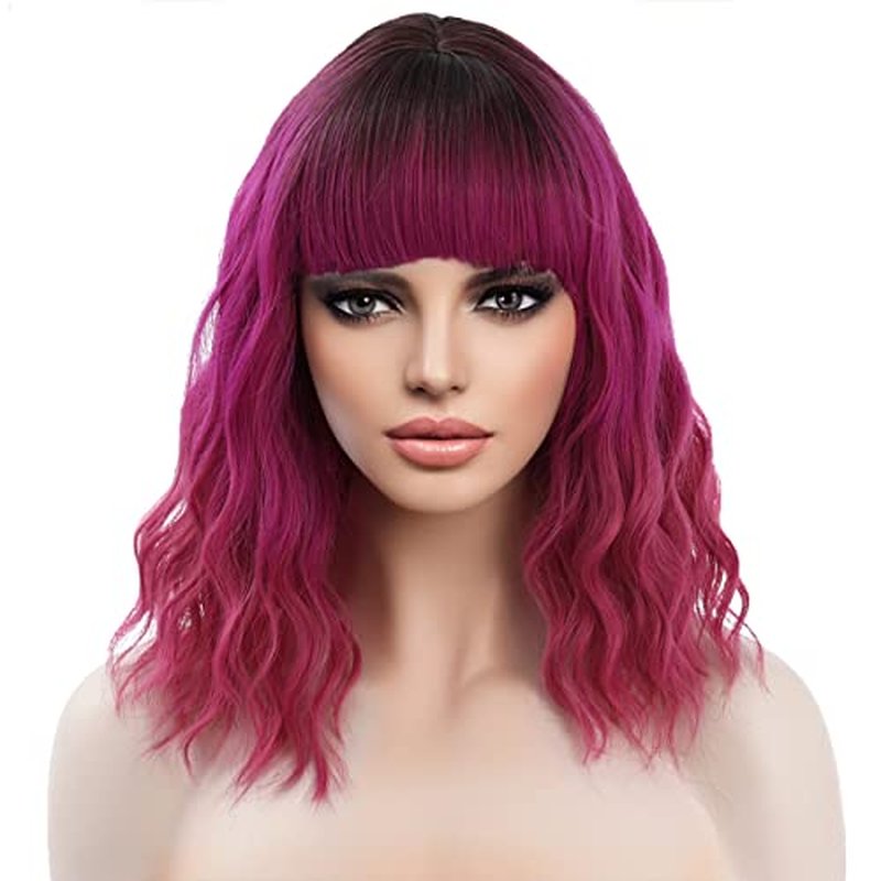 MAGQOO Hot Pink Wig for Women Ombre Hot Pink Bob Wig Short Magenta Wig Bright Pink Curly Wavy Wig with Bangs Dark Roots Synthetic Heat Resistant
