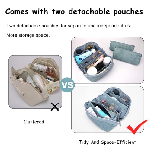 Travel Makeup Bags Cosmetic Organizer Bag: 3-Set Large Capacity Make up Bag - PU Leather Toiletry Bag for Women - Wide Open Portable Pouch with Divider & Handle (07-Purple-1)