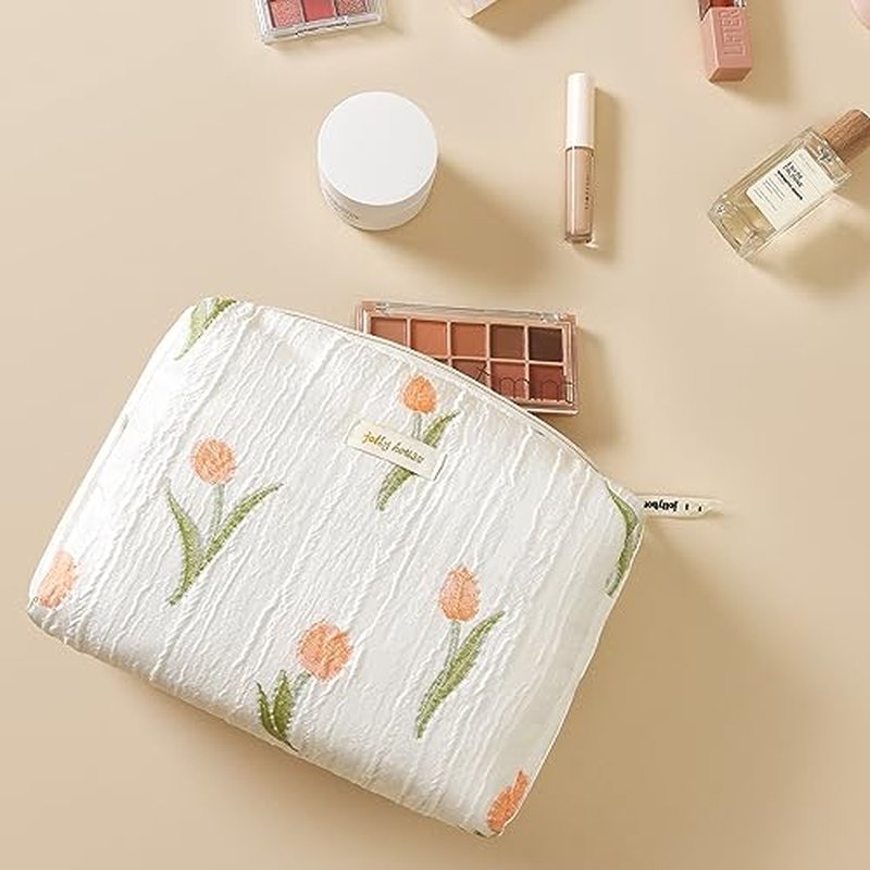 HBselect Quilted Makeup Bag, 3PCS Cotton Large Travel Makeup Bag, Cute Floral Coquette Make up Bag Cosmetic Bag Toiletry Bag for Women Girls
