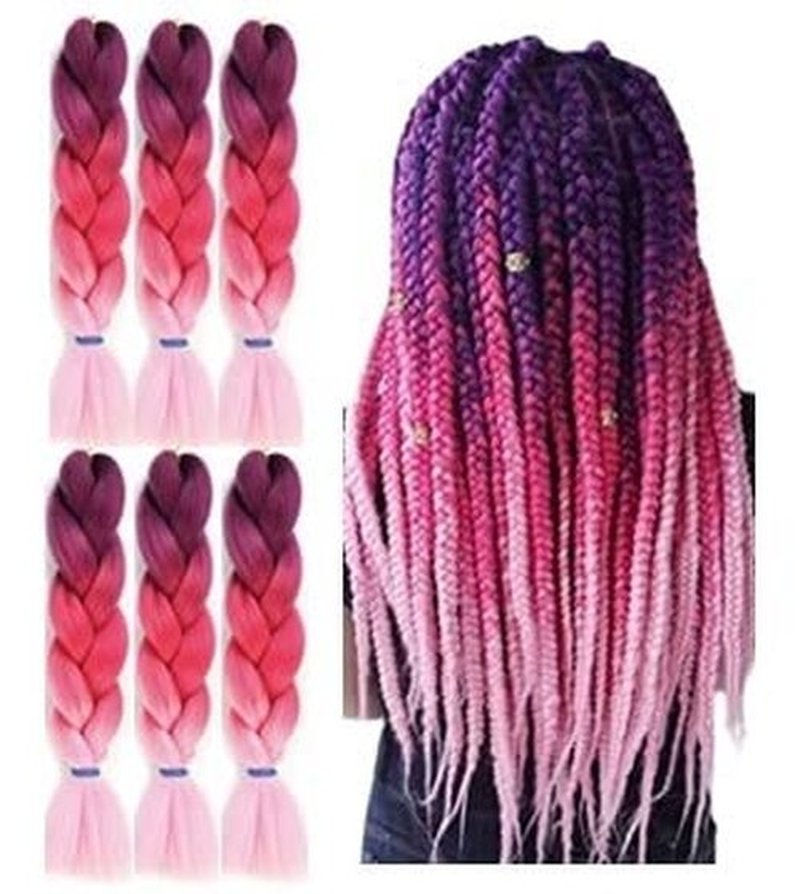 Braiding Hair Extension Jumbo Ombre Colorful for Crochet Braiding 6 Packs (High temperature, Synthetic Fiber, 24 inches) (6 Bundles, Purple to Peach to Pink)