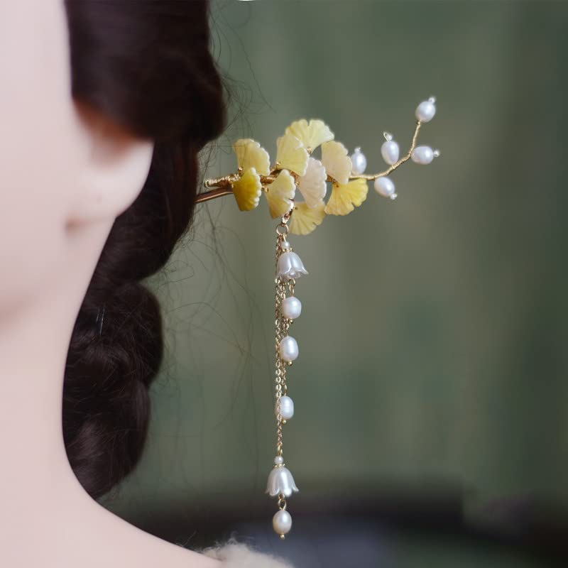 Yuri Hairpin Hair Clasp Sticks Picks Pearl Shell White Crystal Long tassels Hair Accessories For Long Hair Women Wedding Hanfu Cheongsam (yellow)