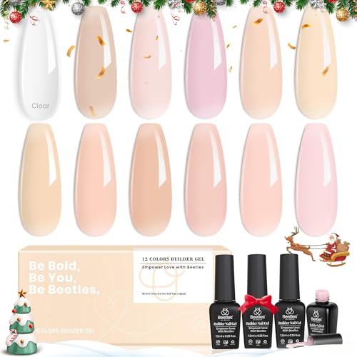 Beetles Builder Gel,12 Pcs 5 in 1 Nude Builder Clear Nail Strengthener Extension Gel Nail Pink Jelly Color Hard Gel Builder Extension Gel for Nail Art Gifts