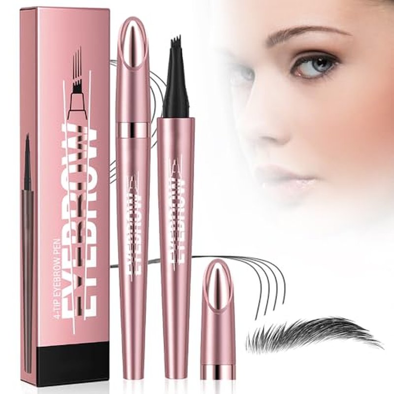 Waterproof Eyebrow Pencil, 2PCS 4-Tip Eyebrow Pencil Makeup Fine Stroke Magic Eyebrow Pencil, 3D Microblading Eyebrow Pen Eye Brown Makeup Long-Lasting Eyebrow Pencil Stay on All Day (Black)