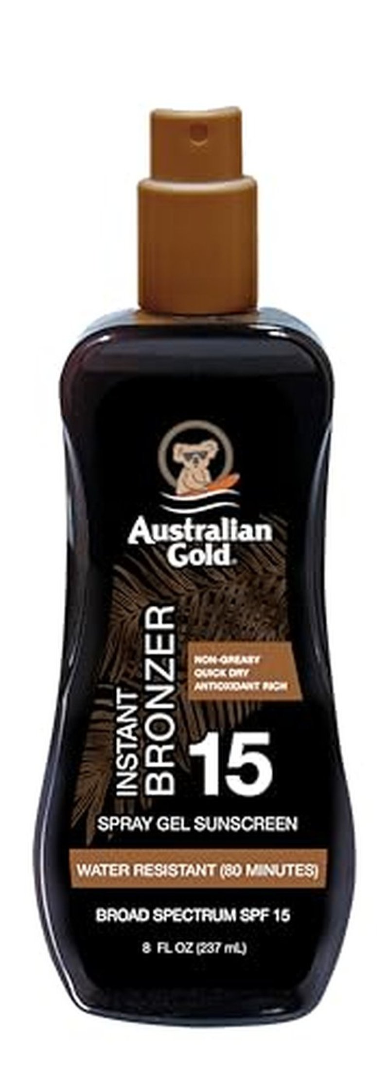 Australian Gold Spray Gel Sunscreen with Instant Bronzer SPF 15, 8 Ounce | Moisturize & Hydrate Skin | Broad Spectrum | Water Resistant | Non-Greasy | Oxybenzone Free | Cruelty Free