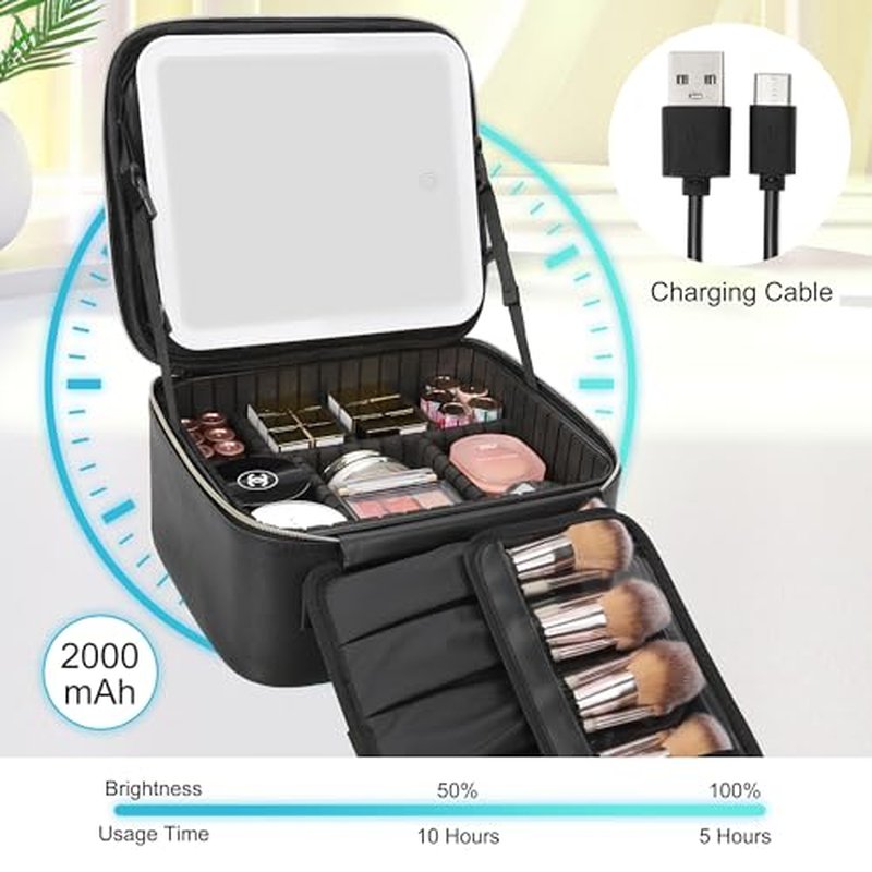 Relavel Makeup Train Case With LED Mirror, Professional Travel Cosmetic Bag with Removable Partitions, 2-Layer Makeup Bag, 3 Color Brightness Makeup Organizer, Rechargeable Vanity for Women, Pink