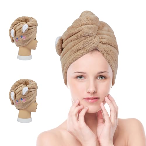 WSLFOKIDA Hair Towel, 2 Packs for Wet Hair, Hair Drying Towels, Ultra Absorbent Twist Hair, for Drying Long & Thick Hair (Brown)