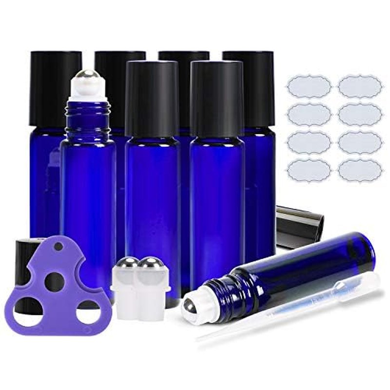 ULG Essential Oil Roller Bottles 8 Pack 10ml Cobalt Blue Glass Empty Refillable Perfume Roll on Bottles with Stainless Steel Roller Balls for Travel (2 Extra Balls, 8 Labels, 1 Opener, 1 Dropper)