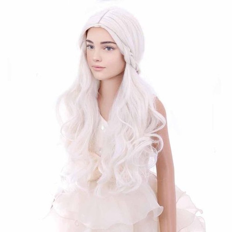 DUDUWIG Kids White Wig Long Wavy Wig for Child White Wig with Braid for Girls Cosplay Party Halloween Costume Wig with Wig Cap