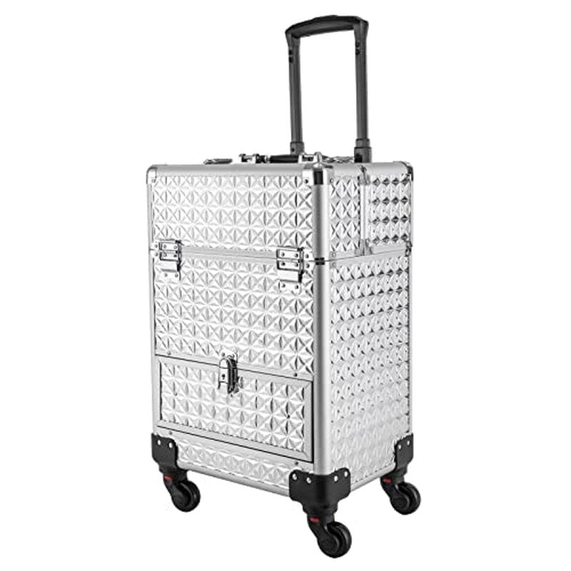 Rolling Makeup Train Case with Drawers, Cosmetic Travel Trolley, Storage Sliding Drawer 4 Tray Cosmetics Beauty Organizer Lockable Luggage Trolley (Silver)