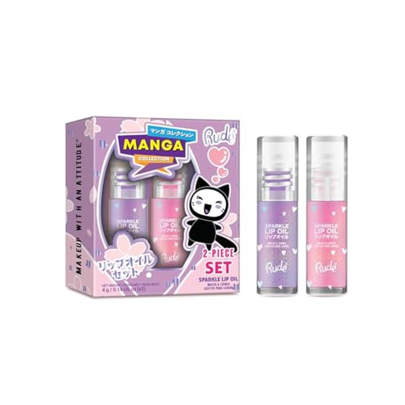 RUDE Cosmetics Manga Collection Sparkle Lip Oil Set, Cute Lip Gloss for Women & Girls, Hydrating & Moisturizing Lipgloss for Smooth, Nourished Lips, Long Lasting Glossy, Strawberry & Grape