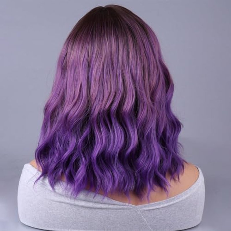 WTHCOS Purple Wigs for Women Short Curly Wavy Purple Wig Ombre Purple Wig with Dark Roots Purple Bob Synthetic Wigs for Cosplay Costume Party with Wig Cap (Ombre Purple)