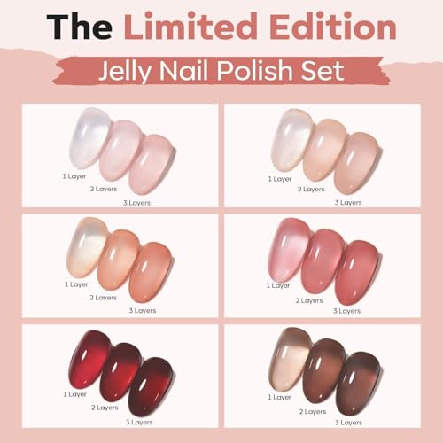 modelones Jelly Nail Polish of 6 Colors Sheer Nude Mini Nail Polish Set Natural Jelly Red Pink Brown Colors Quick Dry Fingernail Polish for DIY Fall Winter Nail Art Salon Home Gift for Women Girl