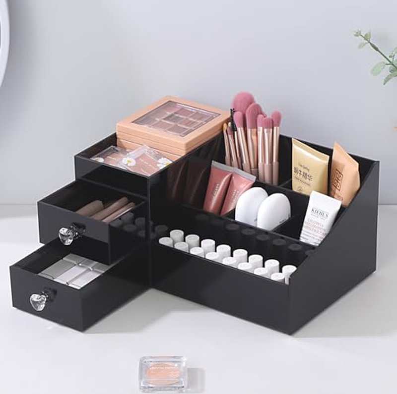 Simbuy Makeup Organizer for Vanity, Bathroom Countertop Organizer with Drawers for Cosmetics, Cologne, Skin Care Deodorant, Shaving Lotion (Black).