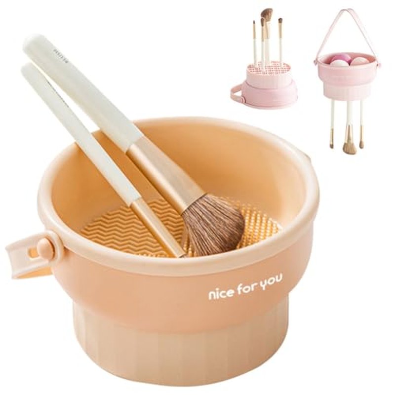 Makeup Brush Cleaning Set Makeup Brushes Cleaner Holder 3 in 1 Portable Cleaning Tool for Brushes, Powder Puffs, and Sponges with Bowl, Holder & Mat(apricot)