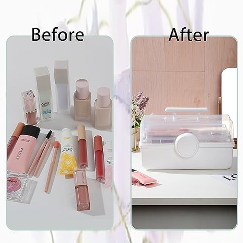 RAMFIYN Pink Makeup Storage, Pink Tackle box for Women with Handle. Cosmetic Storage Box Organizer, Portable 3 Layers Makeup Case for Home