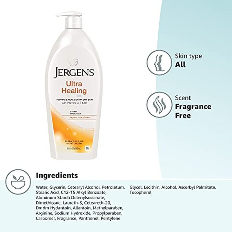 Jergens Ultra Healing Dry Skin Moisturizer, Body and Hand Lotion for Dry Skin, for Quick Absorption into Extra Dry Skin, with HYDRALUCENCE blend, Vitamins C, E, and B5, 32 Ounce (Pack of 2)