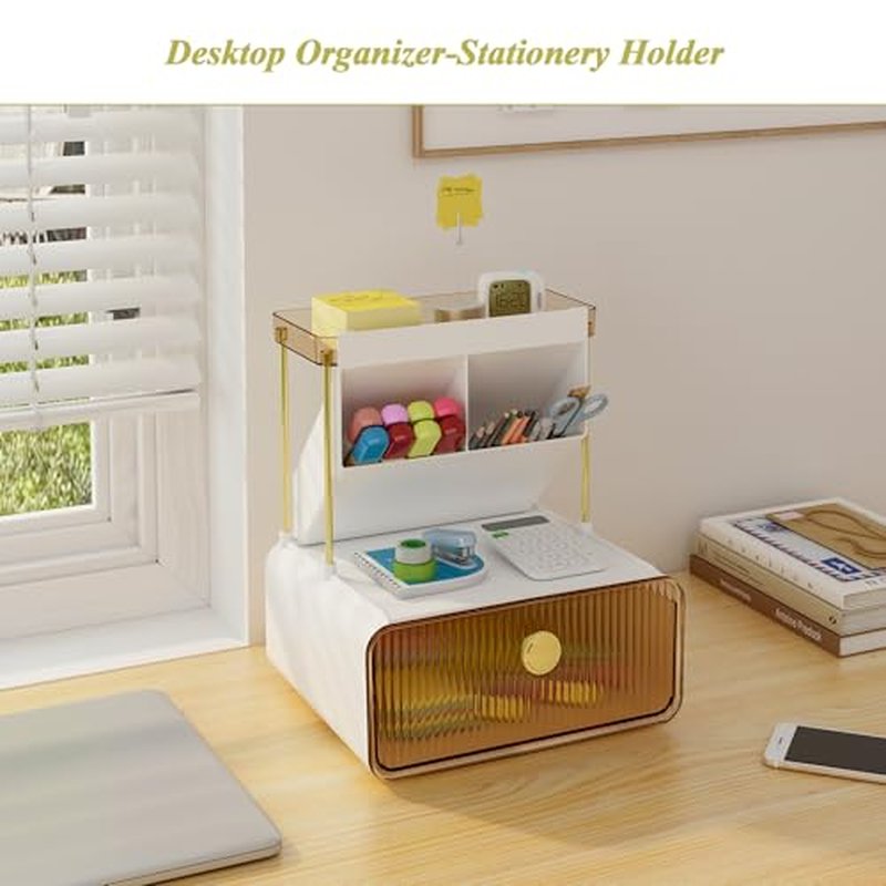 FOLLOWIN Makeup Organizer with Storage Drawer,Cosmetic Display with Lipsticks Brush Holder Perfume Tray,Organize Cosmetics and Beauty Supplies for Vanity,Dresser,Bathroom,Desktop Organizer,Amber