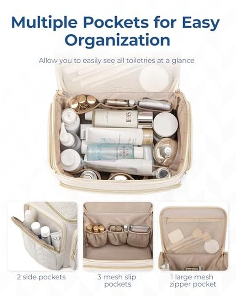 BAGSMART Travel Toiletry Bag, Large Wide-open Travel Bag for Toiletries, Makeup Cosmetic Travel Bag with Handle-Beige