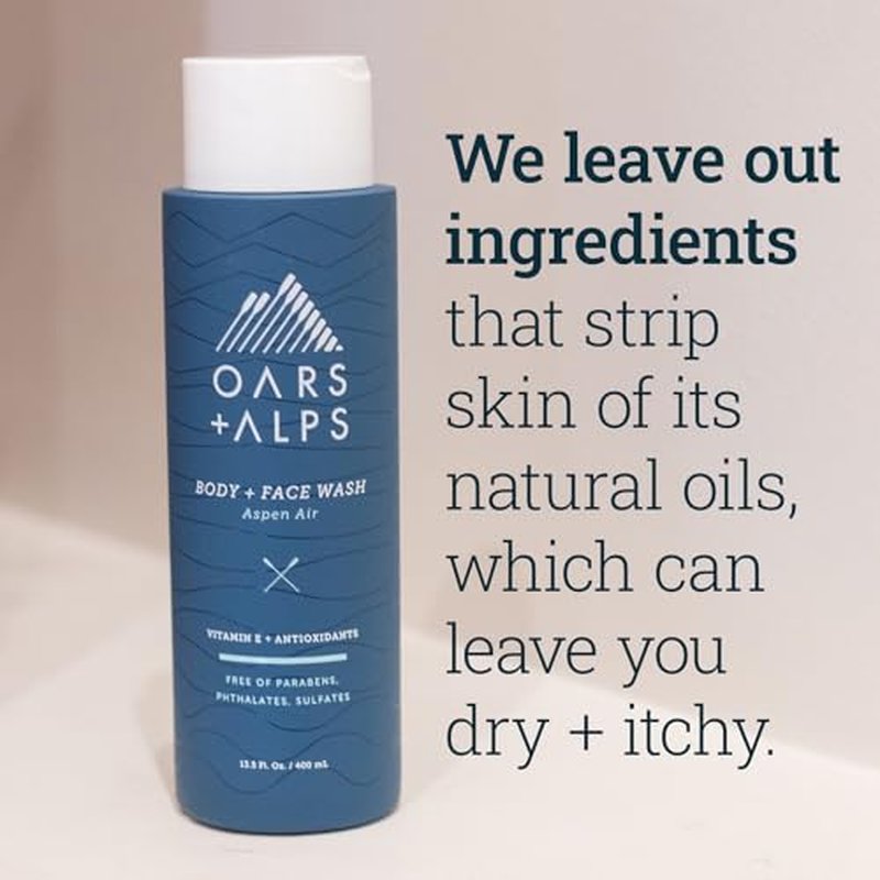 Oars + Alps Mens Moisturizing Body and Face Wash, Skin Care Infused with Vitamin E and Antioxidants, Sulfate Free, Aspen Air, 1 Pack