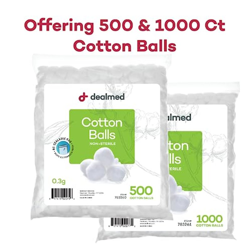 Dealmed 300 ct. Cotton Balls for Face, Makeup, Medical Uses, & DIY Crafts | Non-Sterile Bulk Pack | Resealable Zip-Locked Bag | 100% Pure Cotton, Soft, Absorbent, Gentle (Pack of 1)