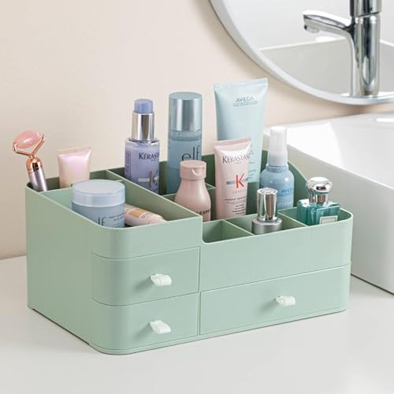 HBlife Plastic Makeup Organizer for Vanity with Drawer Large Skincare Organizers 8 Compartments Bathroom Organizer Cosmetic Storage, Green