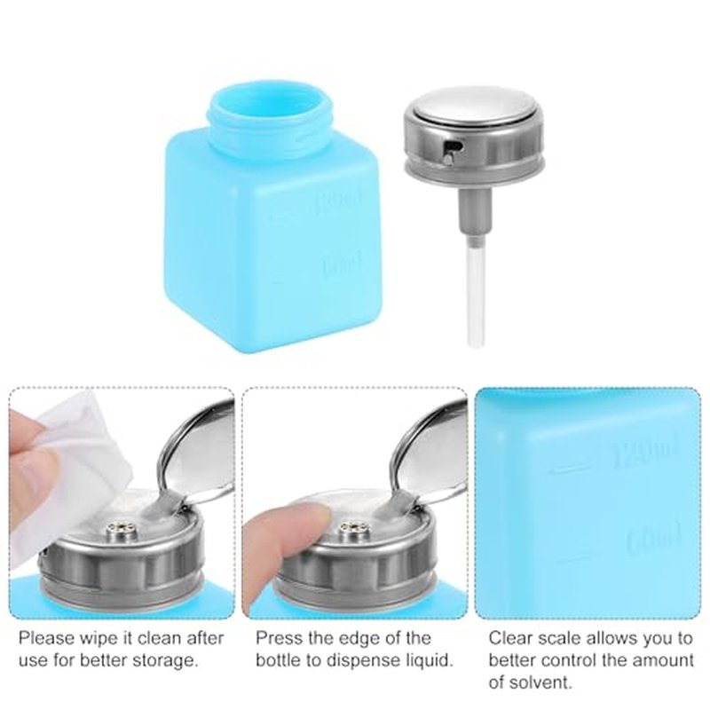HARFINGTON 2pcs Solvent Alcohol Dispenser 120ml(4oz) Nail Polish Remover Push Down Liquid Dispenser Pump Bottle with Stainless Steel Press Head for Acetone Cleanser Polish Remover, Blue