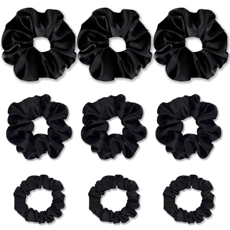 Gwabee 9 Pack Satin Hair Scrunchies for Women, No Damage Hair Ties Soft Scrunchie - Ideal Elastic Ponytail Holders for Curly Thick Hair, 3 Sizes Scrunchies Accessories Set for Women Girls (Black)