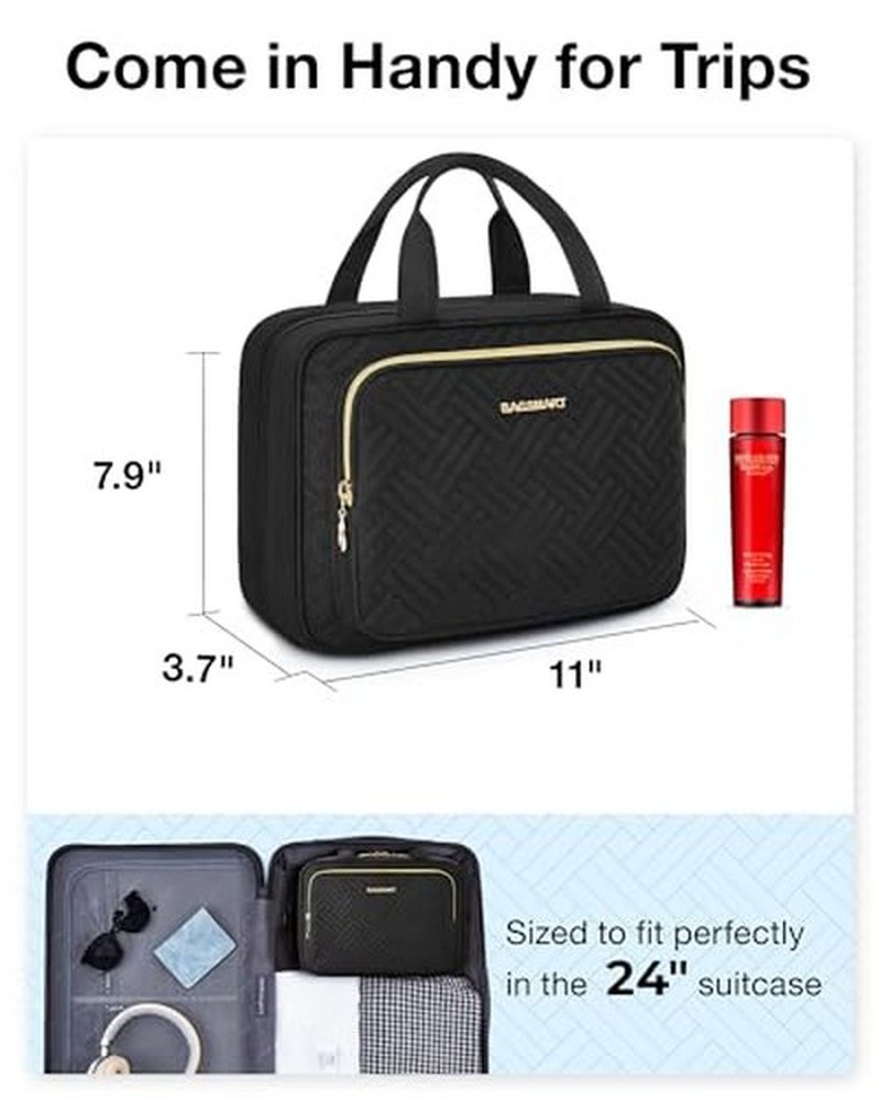 BAGSMART Toiletry Bag Hanging Travel Makeup Organizer with TSA Approved Transparent Cosmetic Bag Makeup Bag for Full Sized Toiletries, Medium-Black