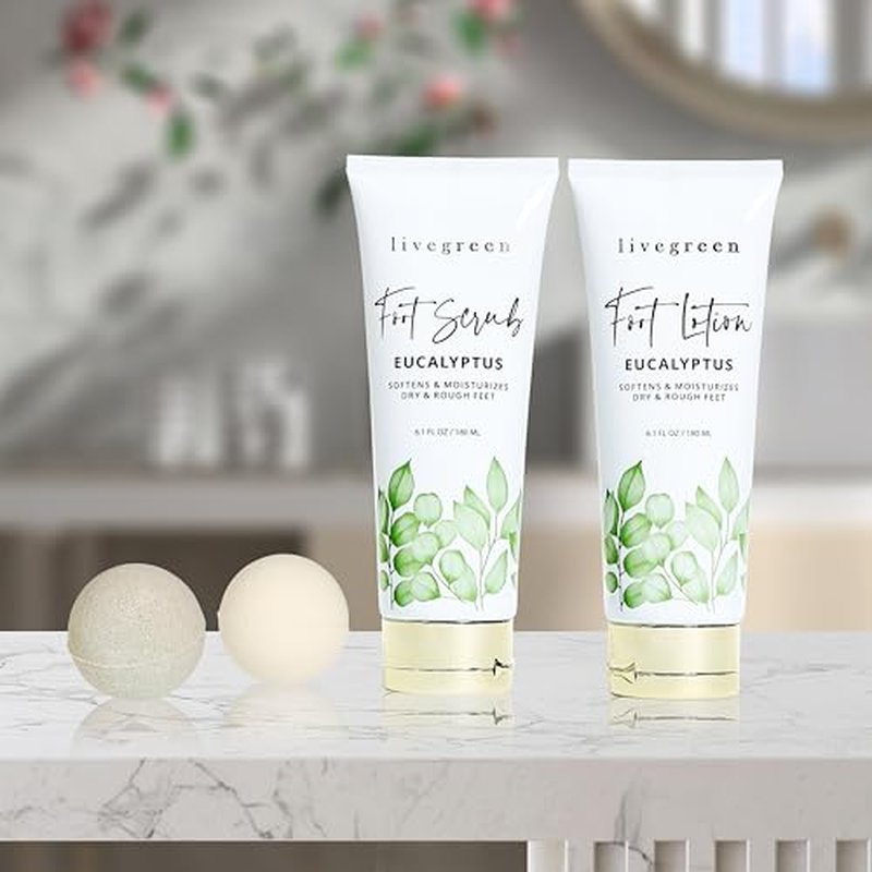 Live Green Foot Care Collection in Eucalyptus, Foot Spa Set with Sherpa Slippers, Foot Lotion (60ml), Foot Scrub (60ml) and 2 Bath Bombs (80 grams each)