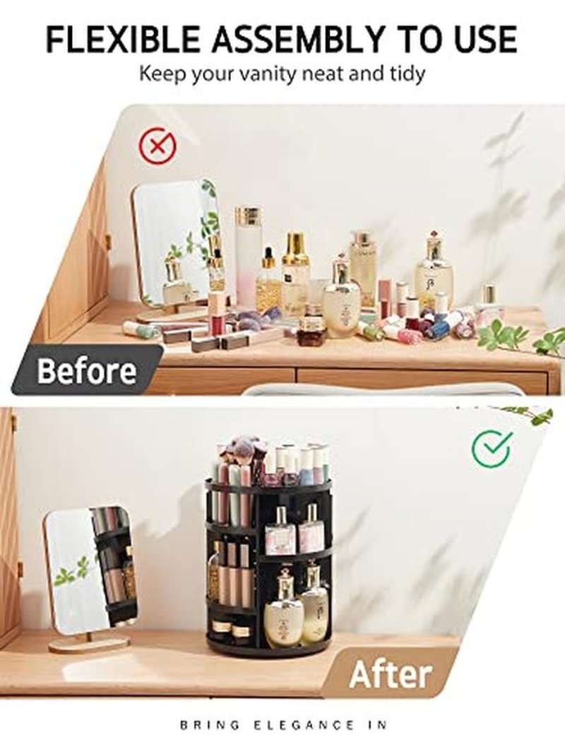 Syntus 360 Rotating Makeup Organizer, Adjustable Bathroom Makeup Spinning Storage Holder, Large Capacity Carousel Cosmetics Display Cases for Vanity, Skincare, Countertop Organization, Black