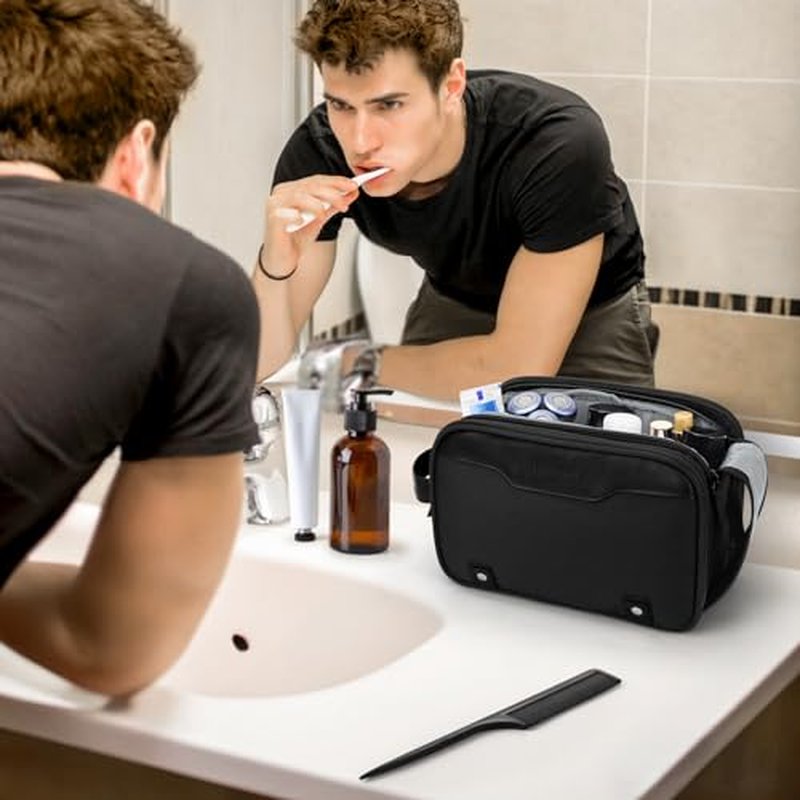 Wedama Toiletry Bag for Men, Medium Hanging Travel Toiletry Bag, Extra Electronic Organizer Bag Waterproof Travel Bag for Toiletries, PU Handle Travel Bag for Travel Trips Swim Camping, Black