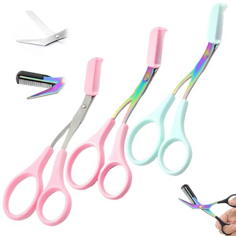 Eyebrow Trimmer Scissor, 2025 New Eyebrow Scissors with Comb, Non-Slip Stainless Steel Eyebrow Trimming Scissors, Eyebrow Cutter Hair Removal Eyebrow Scissors Makeup Tool for Women Men (3Pcs a)