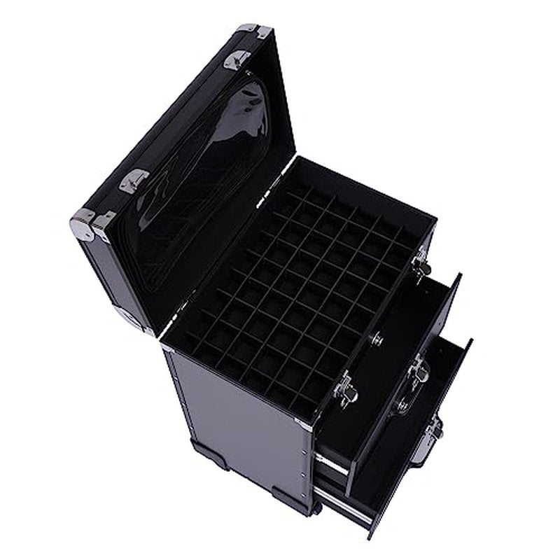 PalaUha Rolling Makeup Train Case Professional Cosmetic Organizer Trolley with Drawers Compartment Nail Case Wheeled Manicure Pedicure Storage Case for Hair Stylists Makeup Artists (Black & Silver A)