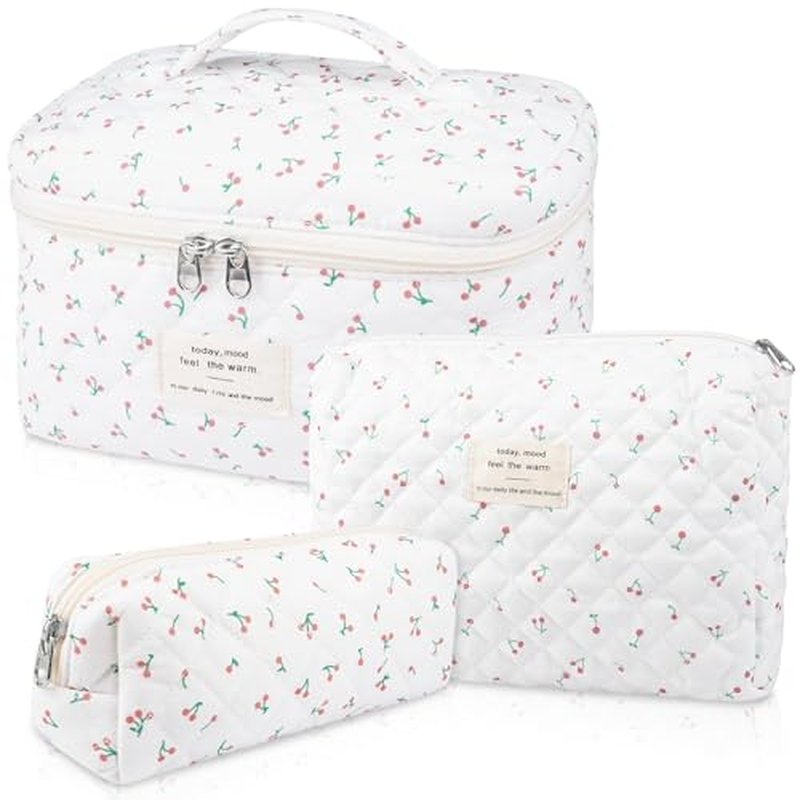 Makeup Bag Set, Quilted Makeup Bag, Large Floral Cosmetic Bag for Women, Cute Cotton Makeup Bags, Flower Travel Toiletry Organizer Bag (South Twigs Flower)