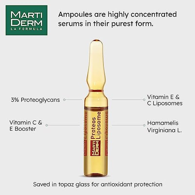 MartiDerm Proteos Liposome Ampoule for Women and Men with Proteoglycans, Vitamin E and C, for Oily Skin Deep Moisturizer and Firming, 30 Ampoules.